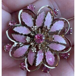 Vintage Silver Lilac Pink Enamel Rhinestone Pin Brooch